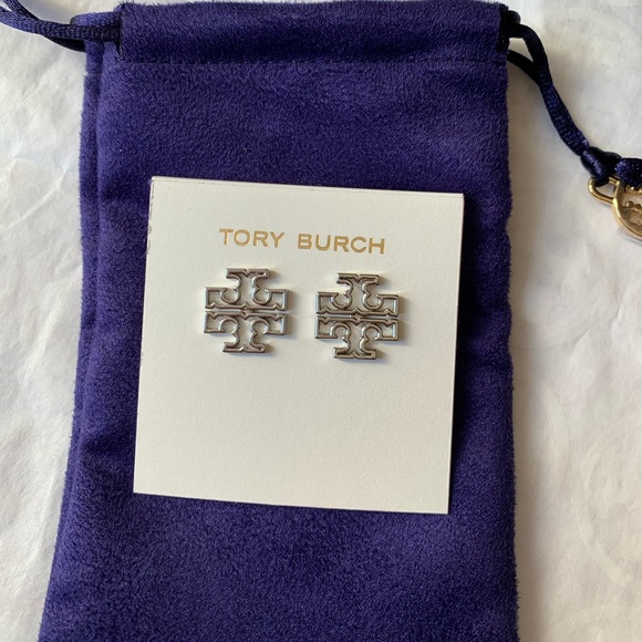 Tory Burch Britten Logo Stud Earrings Silver - Picture 2 of 4